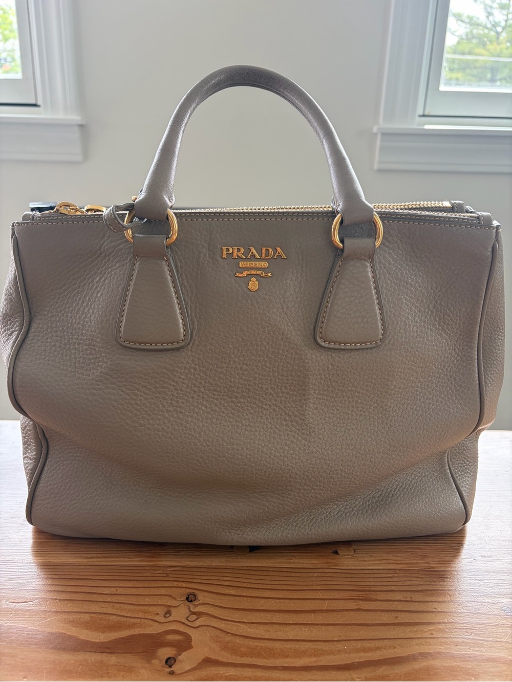 Prada Grey Vitello Daino Double Zip Handbag Medium